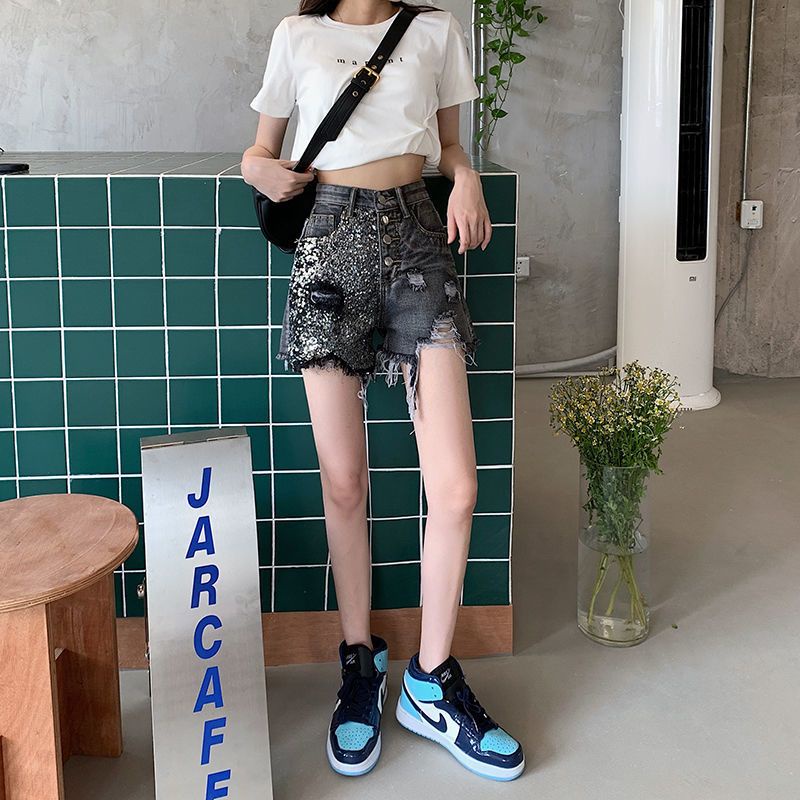 Quần Short Denim Chữ a Lưng Cao Ống Rộng Phối Rách Đính Kim Sa Lấp Lánh Thời Trang Mùa Hè Cho Nữ
