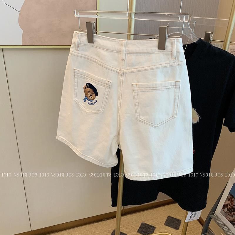 Quần Short Denim Lưng Cao Ống Rộng Thêu Hình Gấu Phong Cách Hàn Quốc Thời Trang Mùa Hè Hàng Mới Dành Cho Bạn Nữ