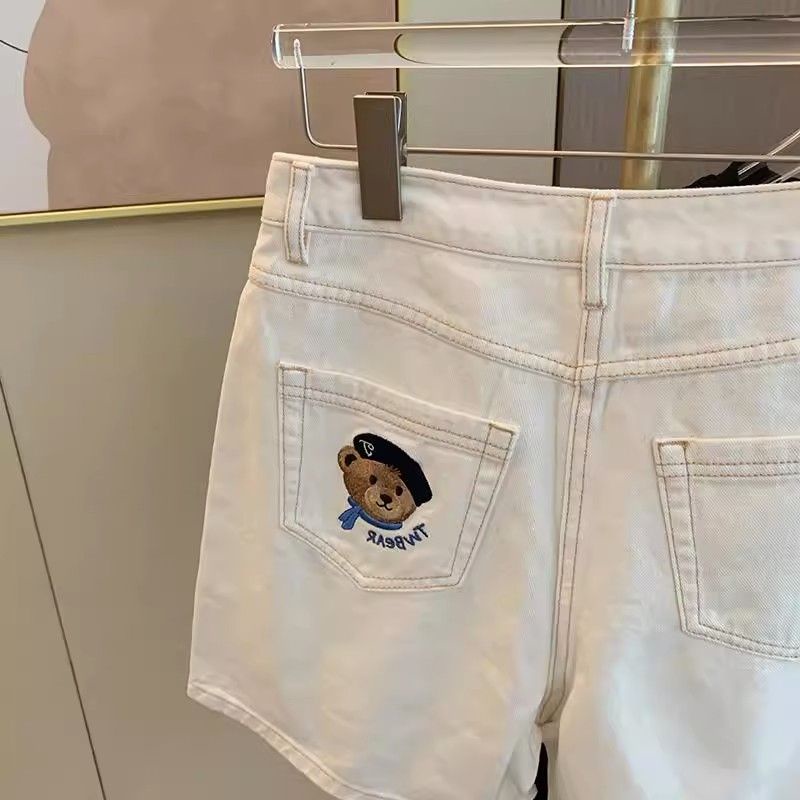 Quần Short Denim Lưng Cao Ống Rộng Thêu Hình Gấu Phong Cách Hàn Quốc Thời Trang Mùa Hè Hàng Mới Dành Cho Bạn Nữ