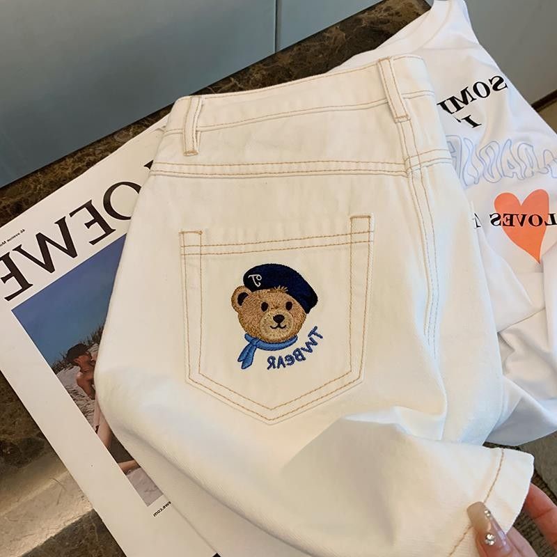 Quần Short Denim Lưng Cao Ống Rộng Thêu Hình Gấu Phong Cách Hàn Quốc Thời Trang Mùa Hè Hàng Mới Dành Cho Bạn Nữ