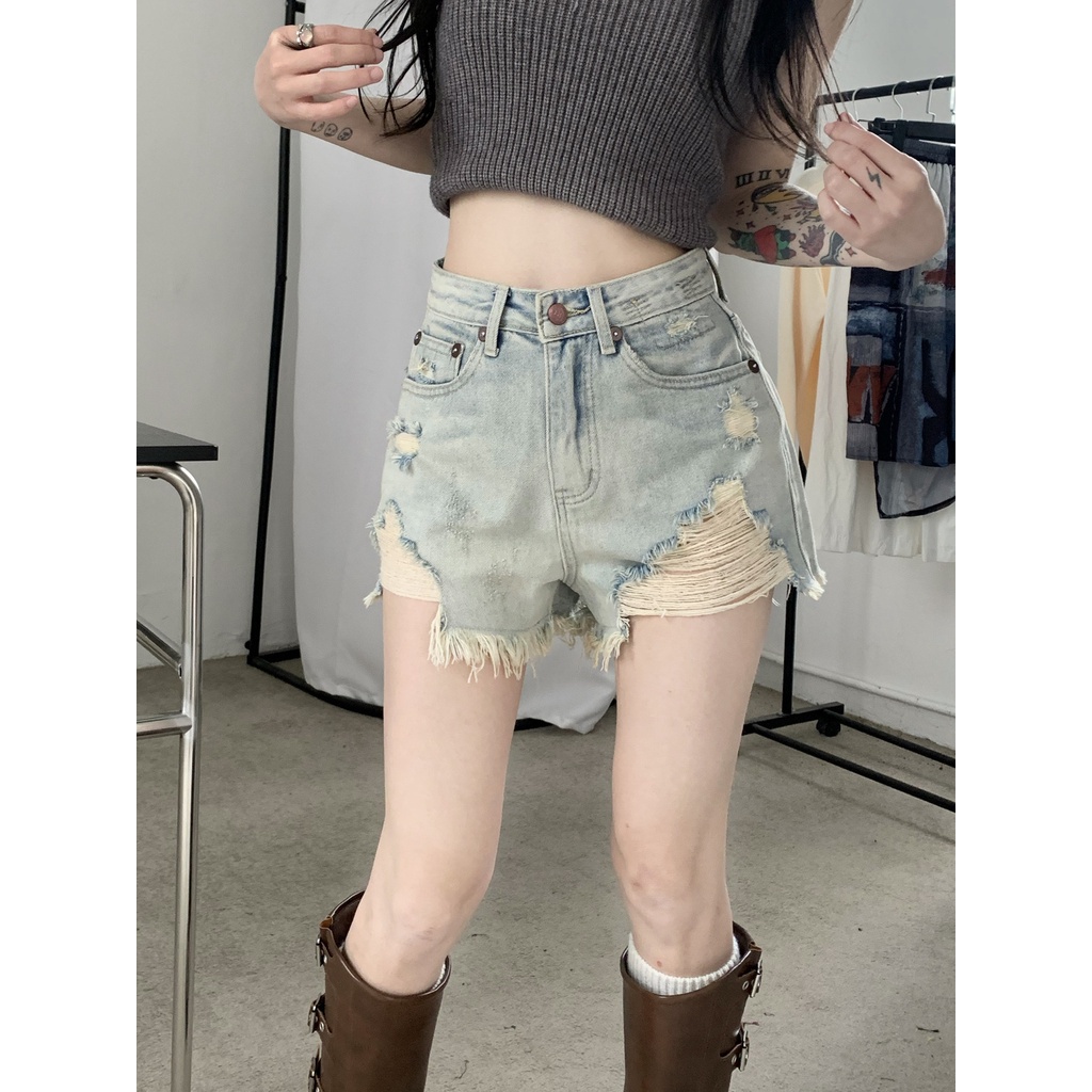 Quần Short Denim Chữ a Lưng Cao Ống Rộng Màu Sắc Tươi Sáng Thời Trang Mùa Hè Cho Nữ