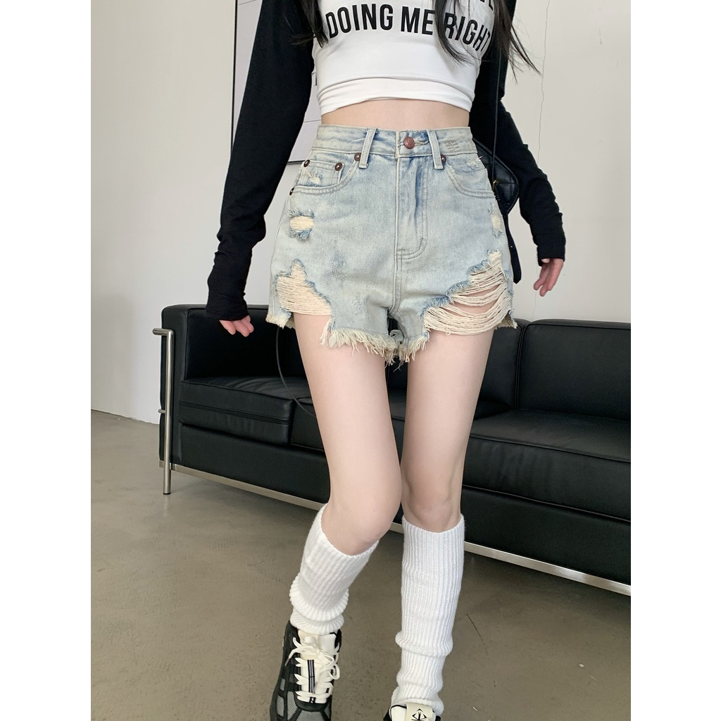Quần Short Denim Chữ a Lưng Cao Ống Rộng Màu Sắc Tươi Sáng Thời Trang Mùa Hè Cho Nữ
