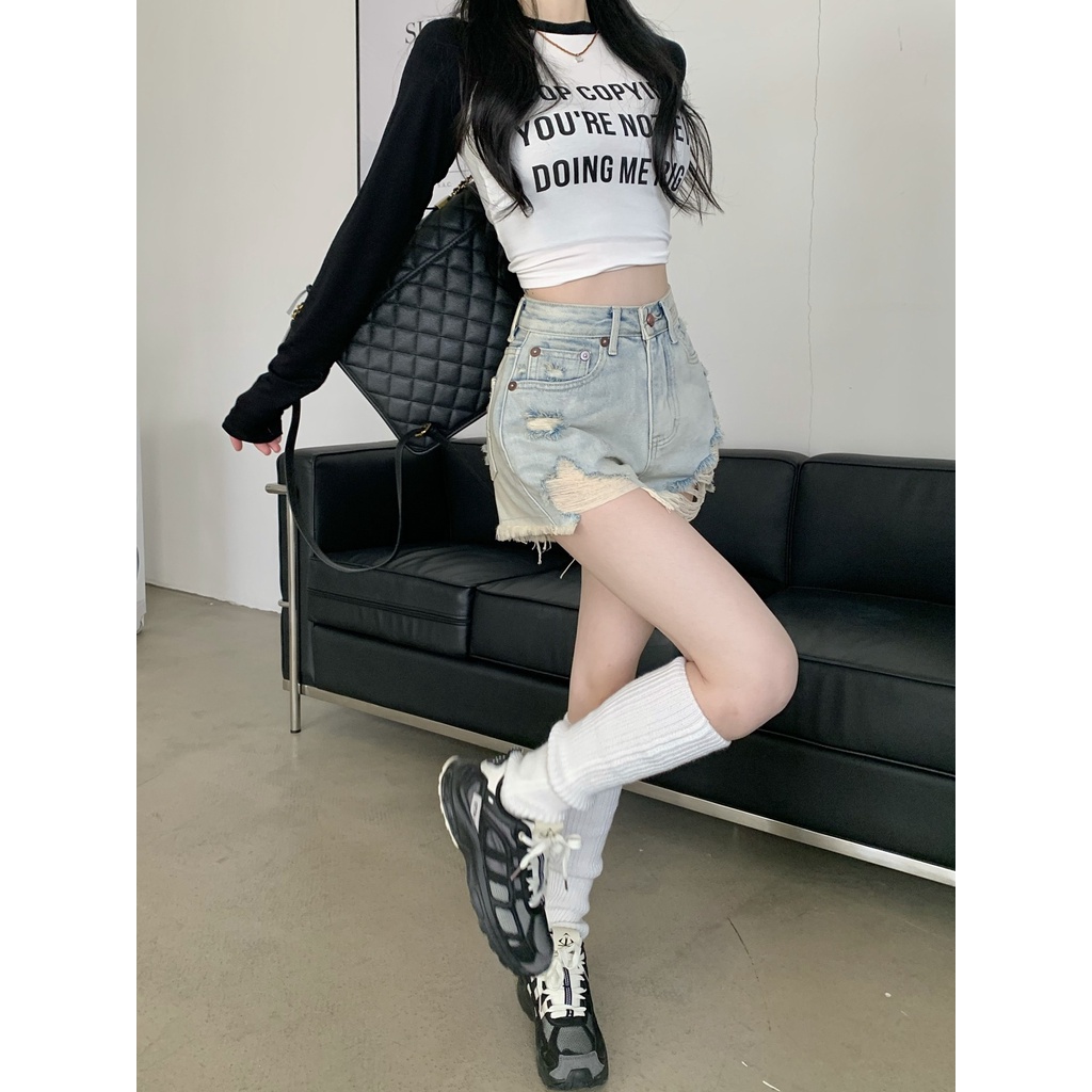 Quần Short Denim Chữ a Lưng Cao Ống Rộng Màu Sắc Tươi Sáng Thời Trang Mùa Hè Cho Nữ