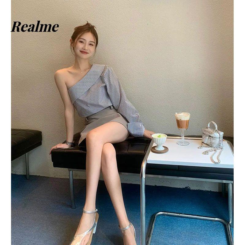 Set Áo Kiểu Trễ Vai Họa Tiết Kẻ Sọc Và Chân Váy Lưng Cao Phong Cách Hàn Quốc Thời Trang Mùa Hè Cho Nữ