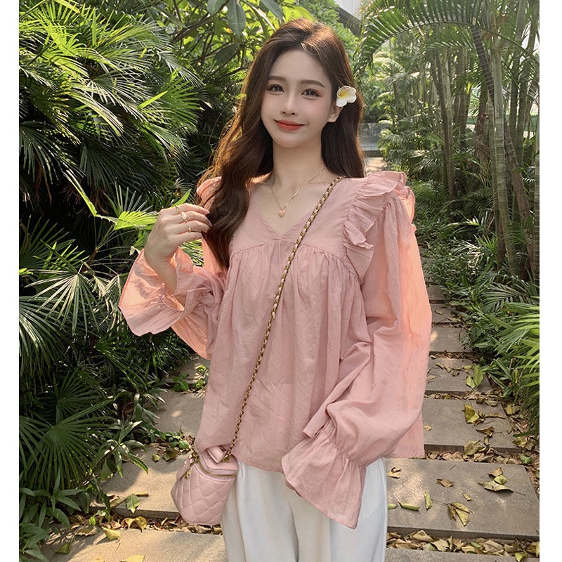 Jiashucheng Áo Sơ Mi Chiffon Tay Dài Phồng Dáng Rộng Phong Cách Pháp Thanh Lịch Dành Cho Nữ