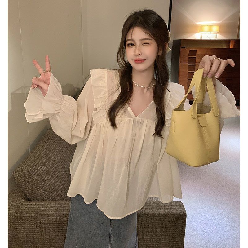 Jiashucheng Áo Sơ Mi Chiffon Tay Dài Phồng Dáng Rộng Phong Cách Pháp Thanh Lịch Dành Cho Nữ