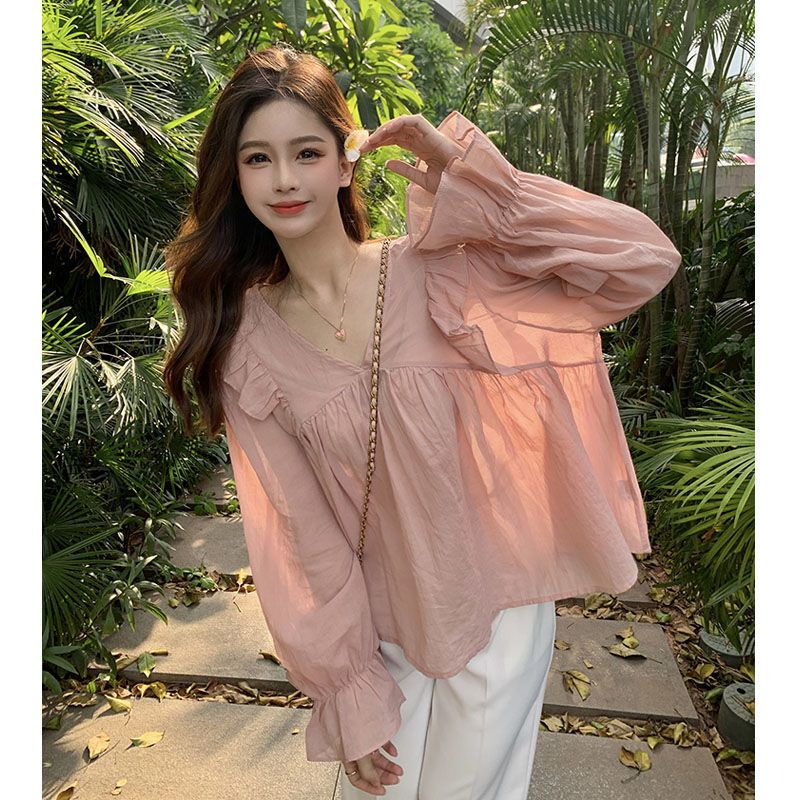 Jiashucheng Áo Sơ Mi Chiffon Tay Dài Phồng Dáng Rộng Phong Cách Pháp Thanh Lịch Dành Cho Nữ