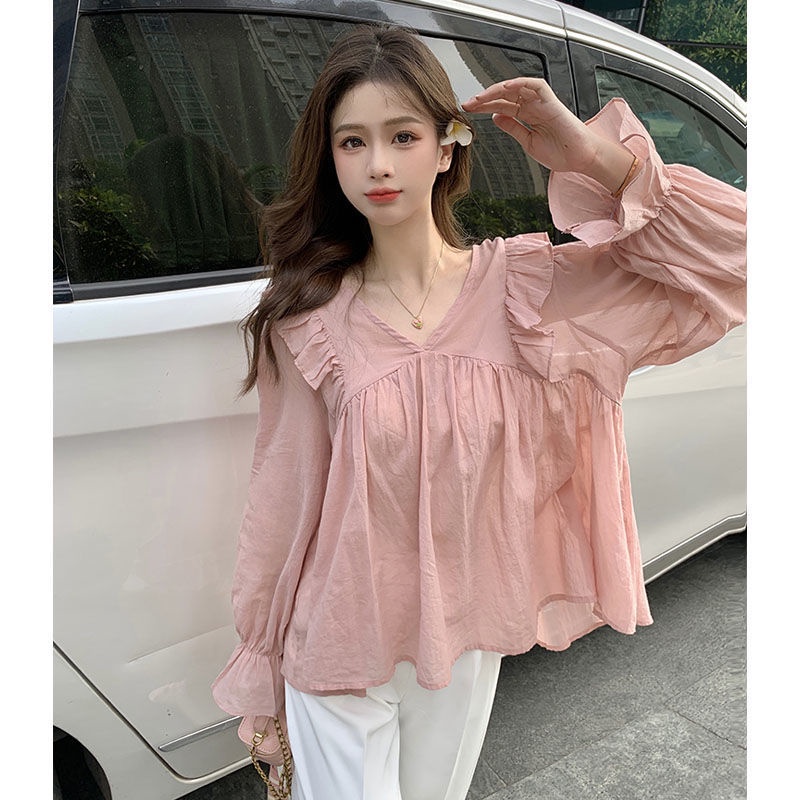 Jiashucheng Áo Sơ Mi Chiffon Tay Dài Phồng Dáng Rộng Phong Cách Pháp Thanh Lịch Dành Cho Nữ