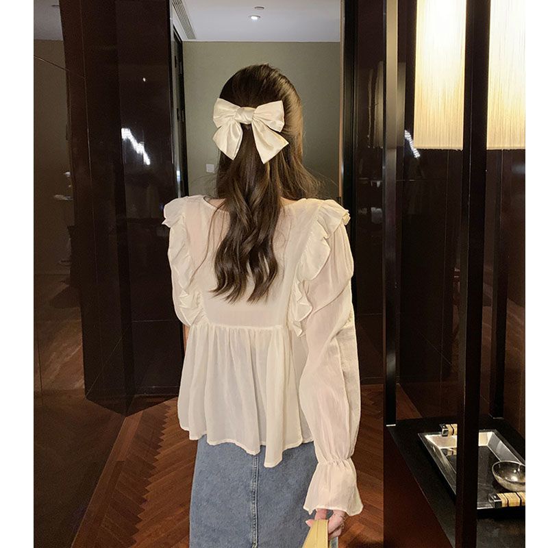 Jiashucheng Áo Sơ Mi Chiffon Tay Dài Phồng Dáng Rộng Phong Cách Pháp Thanh Lịch Dành Cho Nữ