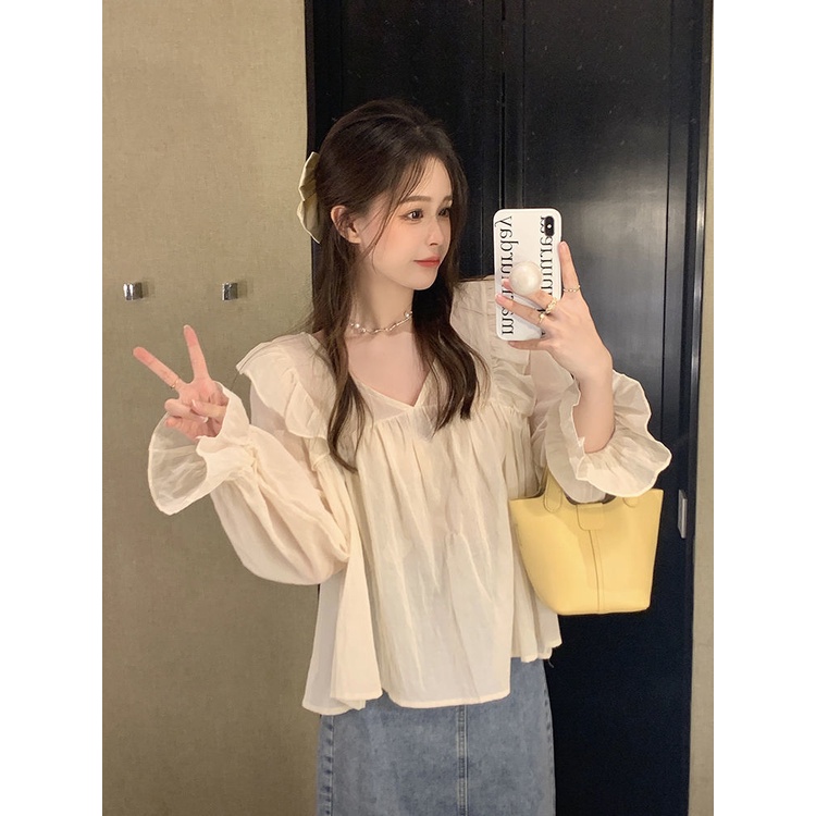 Jiashucheng Áo Sơ Mi Chiffon Tay Dài Phồng Dáng Rộng Phong Cách Pháp Thanh Lịch Dành Cho Nữ