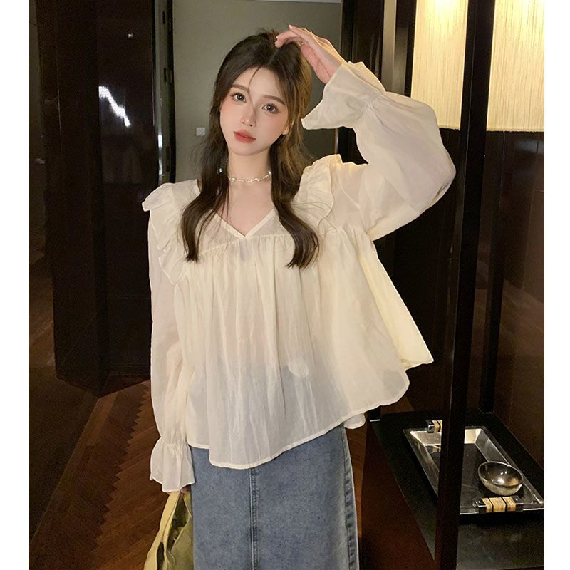 Jiashucheng Áo Sơ Mi Chiffon Tay Dài Phồng Dáng Rộng Phong Cách Pháp Thanh Lịch Dành Cho Nữ