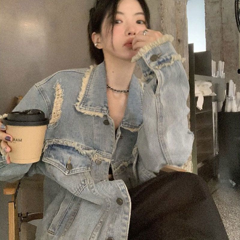 Jiashucheng Áo Khoác Denim Dáng Rộng Rách Cá Tính Phong Cách Retro Xuân Thu Cho Nữ Dễ Phối Đồ