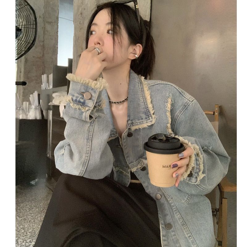 Jiashucheng Áo Khoác Denim Dáng Rộng Rách Cá Tính Phong Cách Retro Xuân Thu Cho Nữ Dễ Phối Đồ