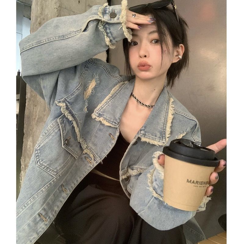 Jiashucheng Áo Khoác Denim Dáng Rộng Rách Cá Tính Phong Cách Retro Xuân Thu Cho Nữ Dễ Phối Đồ