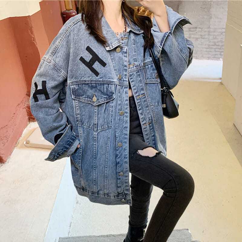 Áo Khoác Denim Dáng Rộng Thêu Họa Tiết Phong Cách Hàn Quốc Thời Trang Mùa Thu Mới Cho Nữ