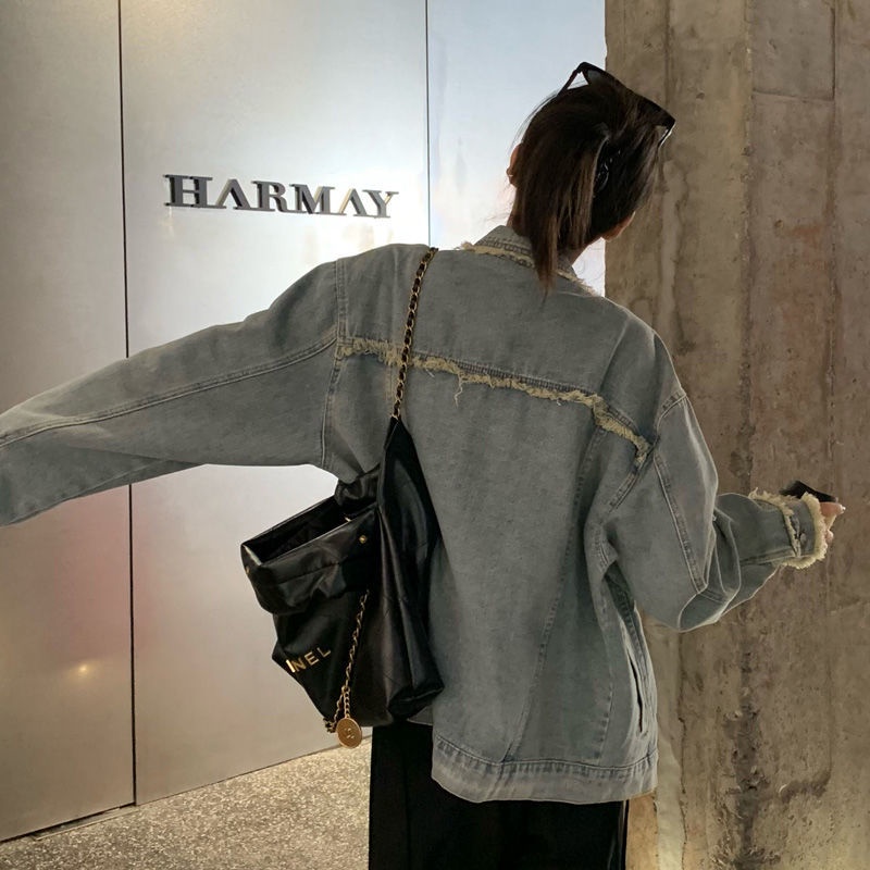 Jiashucheng Áo Khoác Denim Dáng Rộng Rách Cá Tính Phong Cách Retro Xuân Thu Cho Nữ Dễ Phối Đồ