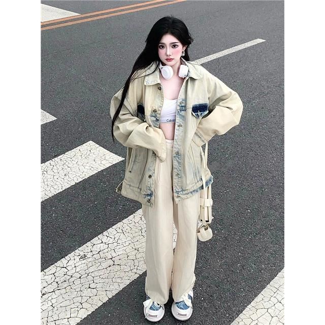 Jiashucheng Áo Khoác Denim Phong Cách Lười Retro Mùa Xuân Dành Cho Nữ