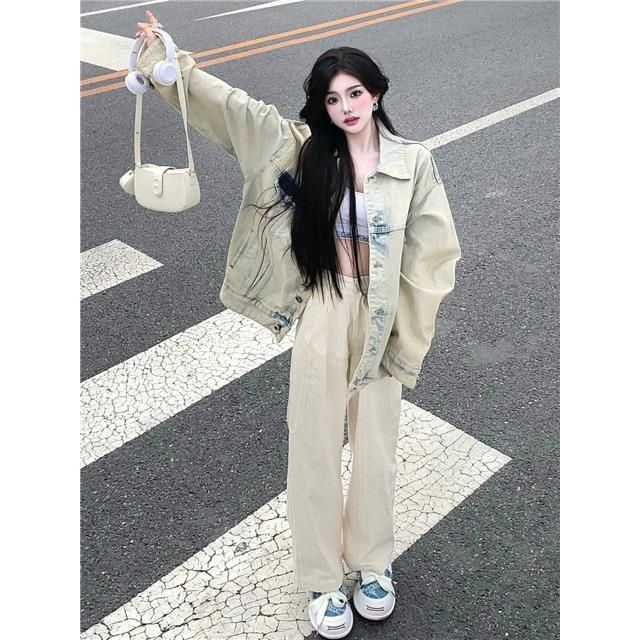 Jiashucheng Áo Khoác Denim Phong Cách Lười Retro Mùa Xuân Dành Cho Nữ