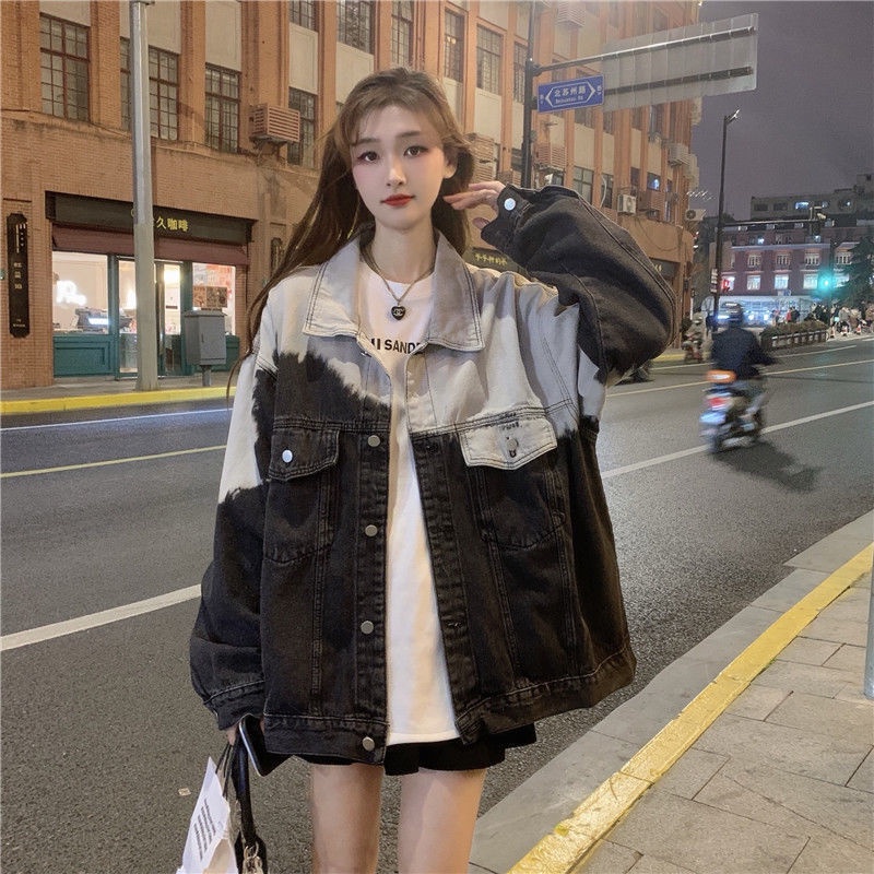 Áo Khoác Denim Tay Dài Dáng Rộng Màu Gradient Phong Cách Hàn Quốc Thời Trang Xuân Thu Mới Cho Nữ