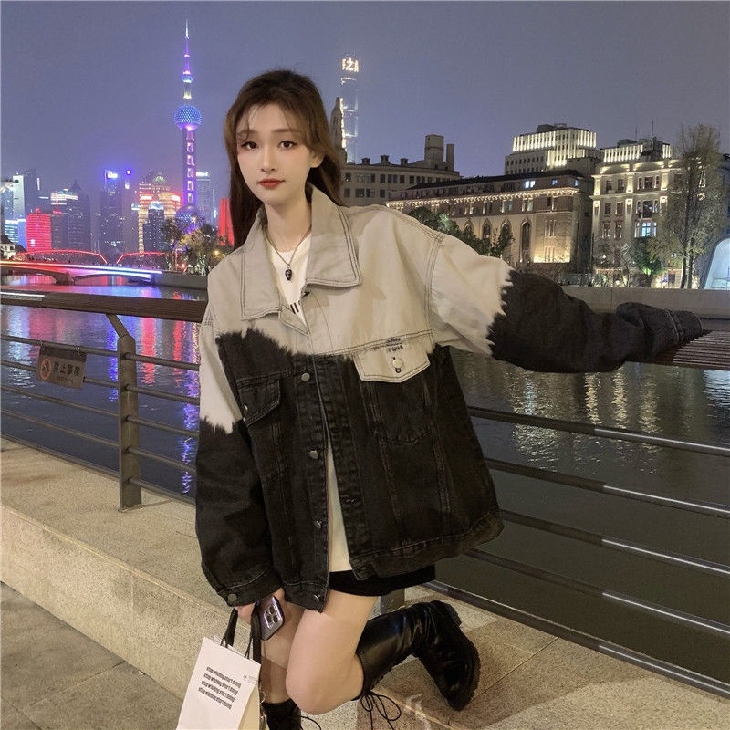 Áo Khoác Denim Tay Dài Dáng Rộng Màu Gradient Phong Cách Hàn Quốc Thời Trang Xuân Thu Mới Cho Nữ