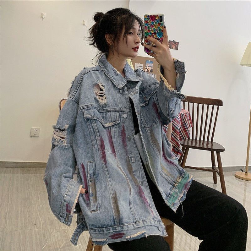 Áo Khoác Denim Dáng Rộng Phối Rách Kiểu Hàn Quốc Cá Tính Cho Nam Và Nữ