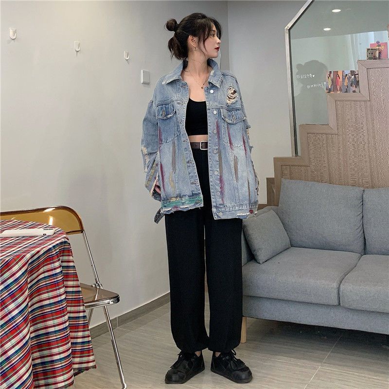 Áo Khoác Denim Dáng Rộng Phối Rách Kiểu Hàn Quốc Cá Tính Cho Nam Và Nữ