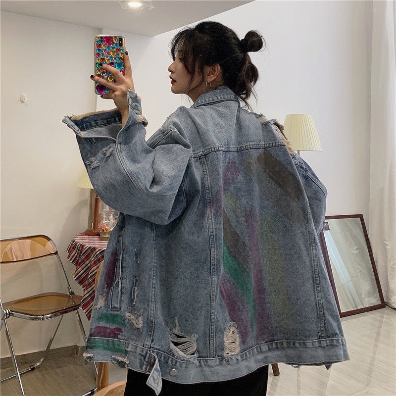 Áo Khoác Denim Dáng Rộng Phối Rách Kiểu Hàn Quốc Cá Tính Cho Nam Và Nữ