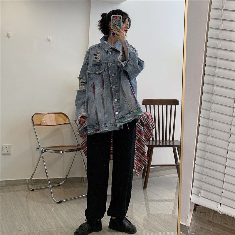 Áo Khoác Denim Dáng Rộng Phối Rách Kiểu Hàn Quốc Cá Tính Cho Nam Và Nữ