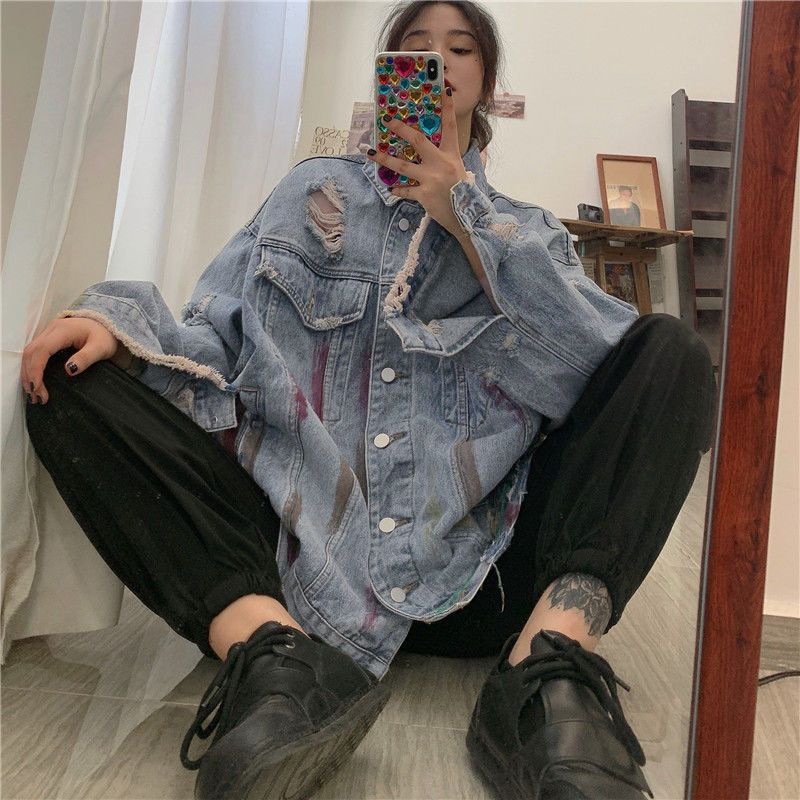 Áo Khoác Denim Dáng Rộng Phối Rách Kiểu Hàn Quốc Cá Tính Cho Nam Và Nữ