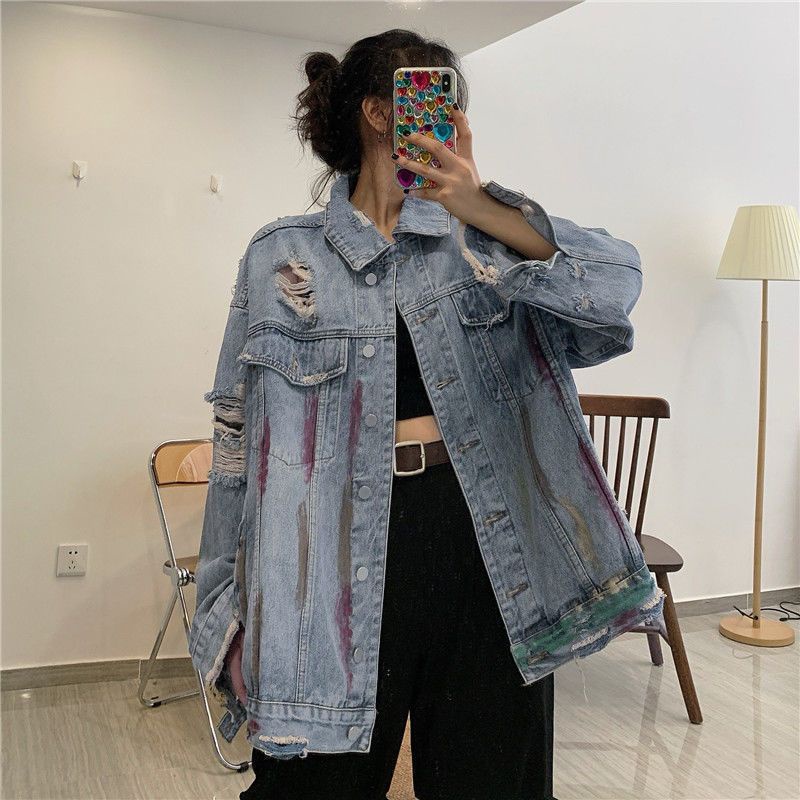 Áo Khoác Denim Dáng Rộng Phối Rách Kiểu Hàn Quốc Cá Tính Cho Nam Và Nữ