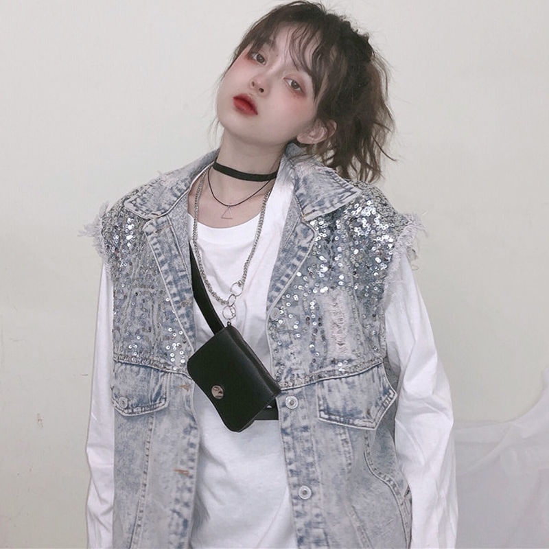 Áo Khoác Denim Không Tay Đính Kim Sa Phong Cách Hàn Quốc Thời Trang Mùa Hè Hàng Mới Dành Cho Bạn Nữ