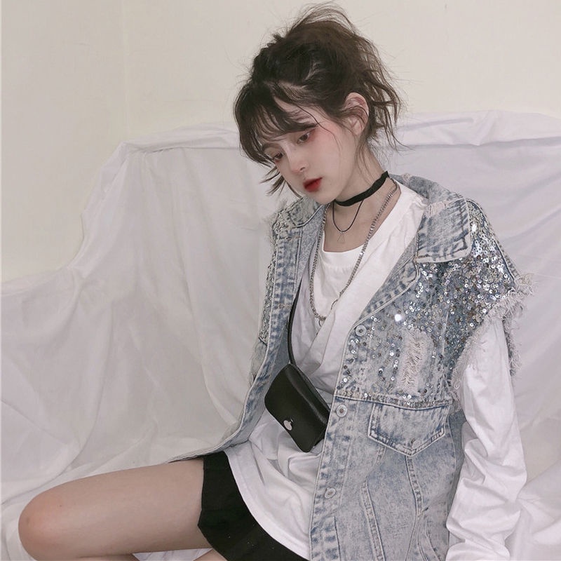 Áo Khoác Denim Không Tay Đính Kim Sa Phong Cách Hàn Quốc Thời Trang Mùa Hè Hàng Mới Dành Cho Bạn Nữ