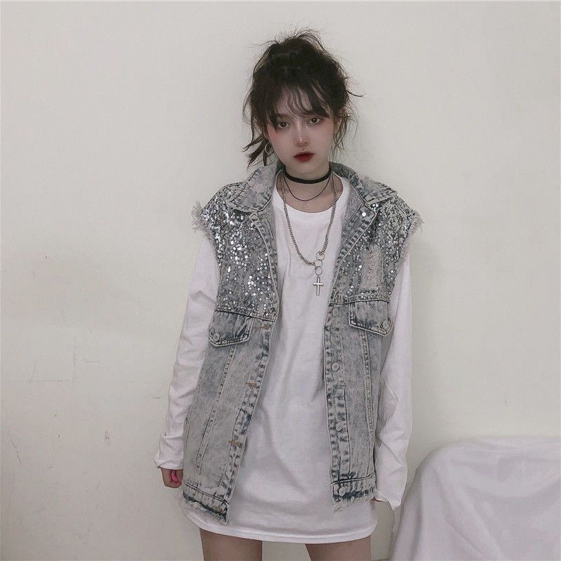 Áo Khoác Denim Không Tay Đính Kim Sa Phong Cách Hàn Quốc Thời Trang Mùa Hè Hàng Mới Dành Cho Bạn Nữ