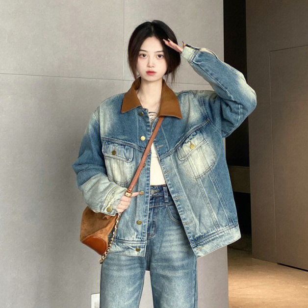 Jiashucheng Áo Khoác Denim Dáng Rộng Phối Màu Tương Phản Kiểu Retro Mỹ Thời Trang Mùa Xuân Mới Cho Nữ