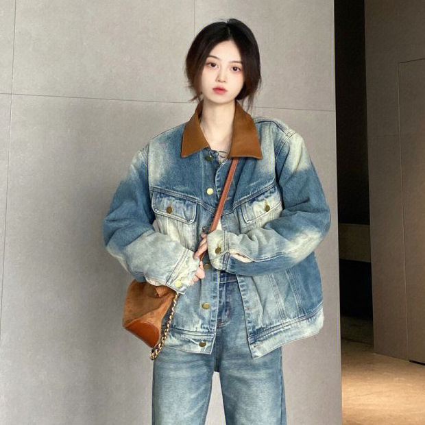 Jiashucheng Áo Khoác Denim Dáng Rộng Phối Màu Tương Phản Kiểu Retro Mỹ Thời Trang Mùa Xuân Mới Cho Nữ