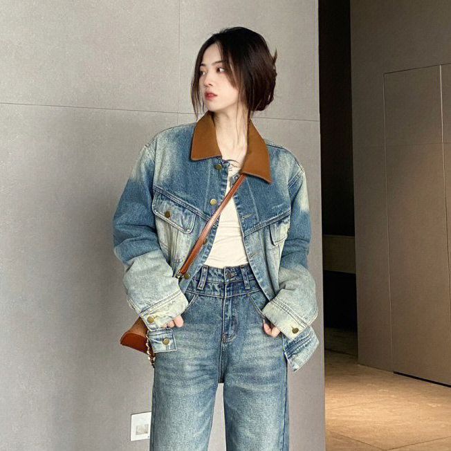 Jiashucheng Áo Khoác Denim Dáng Rộng Phối Màu Tương Phản Kiểu Retro Mỹ Thời Trang Mùa Xuân Mới Cho Nữ