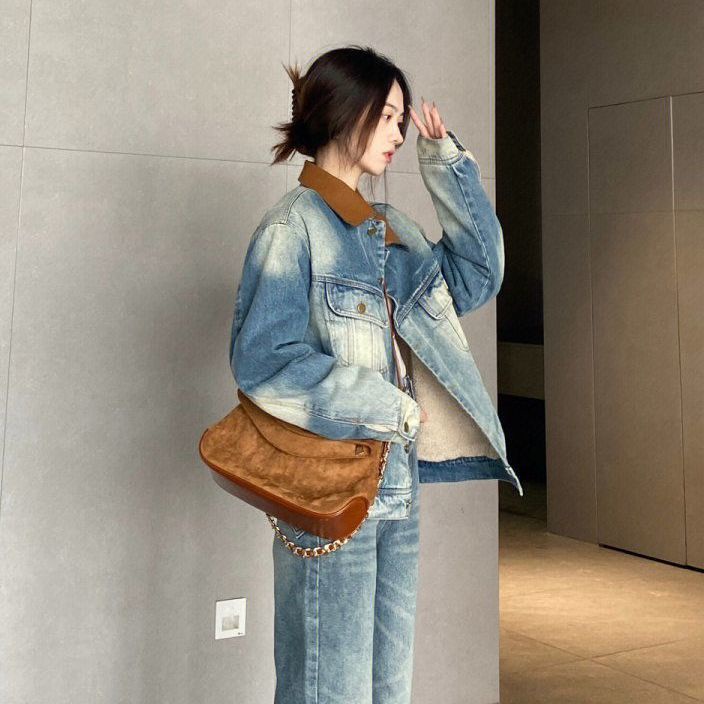 Jiashucheng Áo Khoác Denim Dáng Rộng Phối Màu Tương Phản Kiểu Retro Mỹ Thời Trang Mùa Xuân Mới Cho Nữ