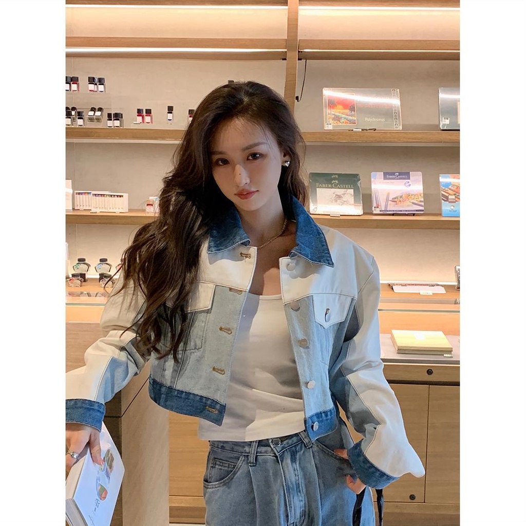 Jiashucheng Áo Khoác Denim Ngắn Khâu Dáng Ôm Mới Dành Cho Bạn Nữ