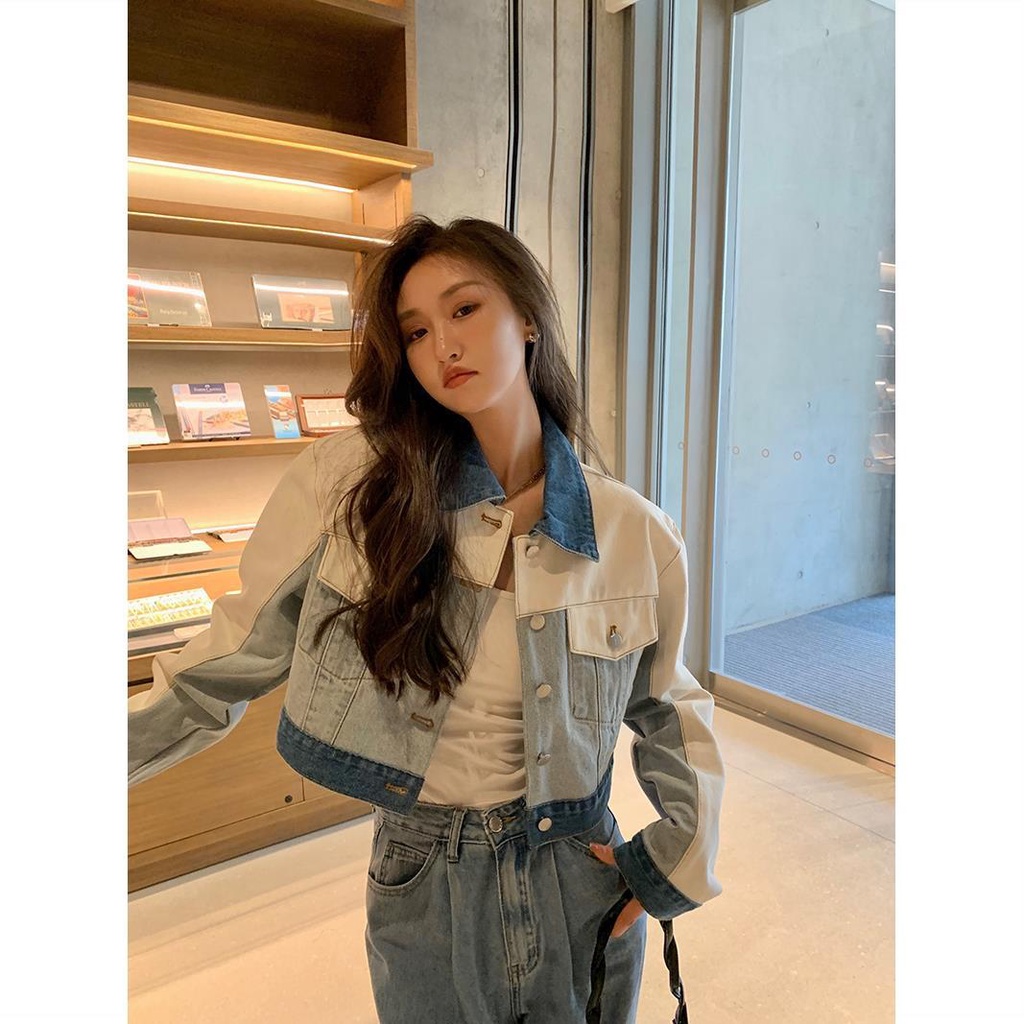 Jiashucheng Áo Khoác Denim Ngắn Khâu Dáng Ôm Mới Dành Cho Bạn Nữ