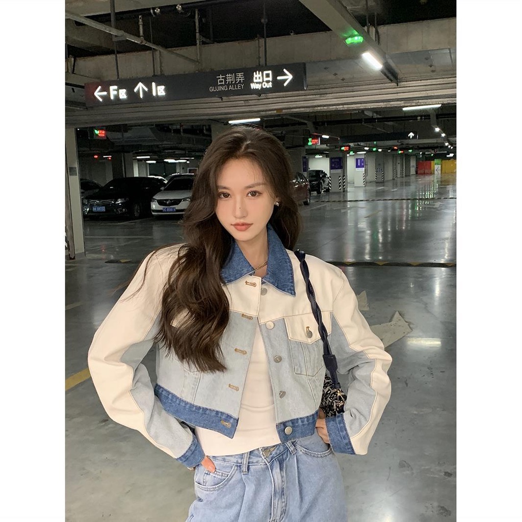 Jiashucheng Áo Khoác Denim Ngắn Khâu Dáng Ôm Mới Dành Cho Bạn Nữ