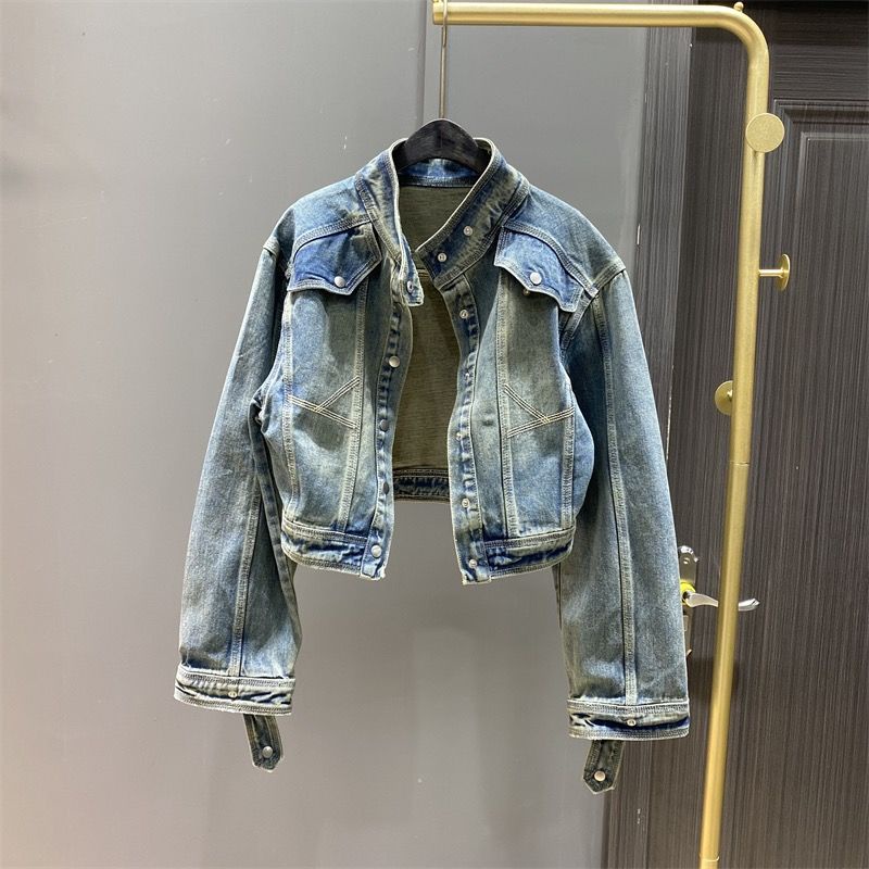 Áo Khoác Denim Ngắn Cổ Đứng Dáng Rộng Phong Cách Retro Xuân Thu Dành Cho Nữ