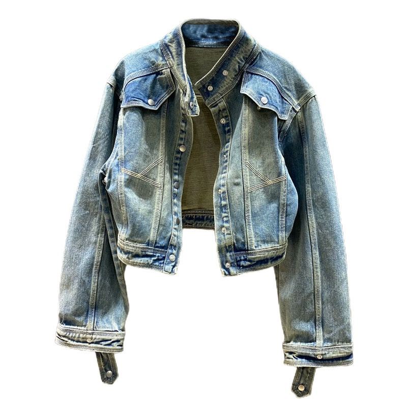 Áo Khoác Denim Ngắn Cổ Đứng Dáng Rộng Phong Cách Retro Xuân Thu Dành Cho Nữ