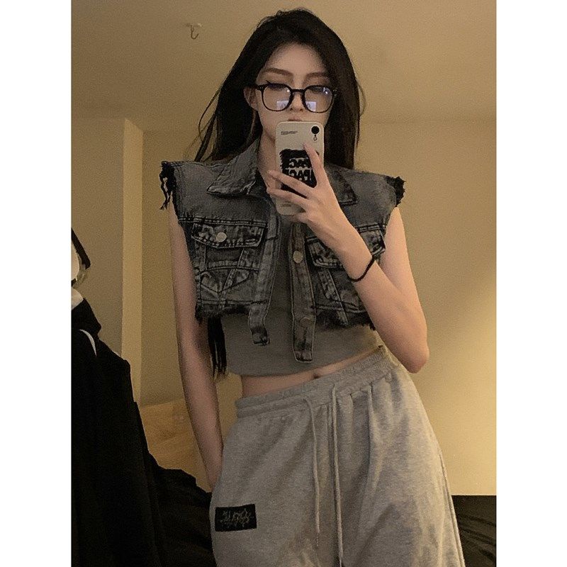 Jiashucheng Áo Khoác Denim Sát Nách Dáng Rộng Ngắn Sờn Kiểu Retro Mỹ Dễ Phối Đồ Thời Trang Mùa Xuân Cho Nữ