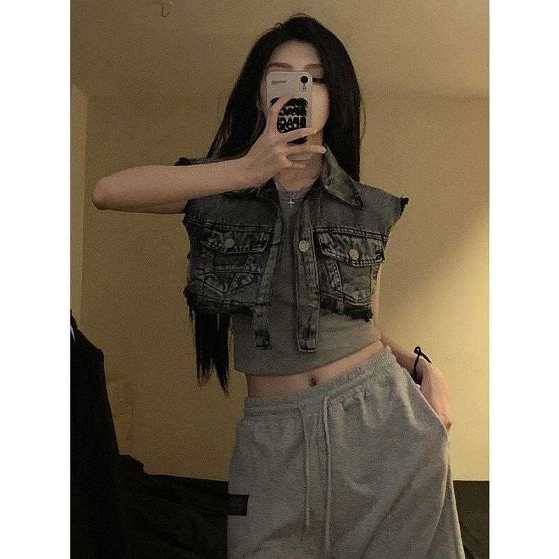 Jiashucheng Áo Khoác Denim Sát Nách Dáng Rộng Ngắn Sờn Kiểu Retro Mỹ Dễ Phối Đồ Thời Trang Mùa Xuân Cho Nữ