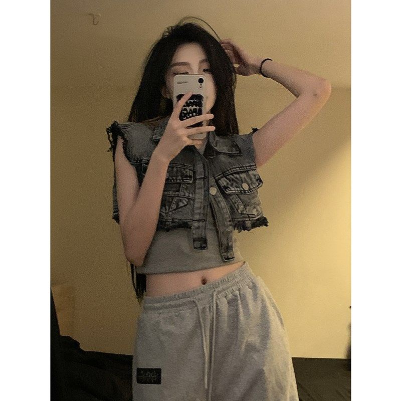 Jiashucheng Áo Khoác Denim Sát Nách Dáng Rộng Ngắn Sờn Kiểu Retro Mỹ Dễ Phối Đồ Thời Trang Mùa Xuân Cho Nữ