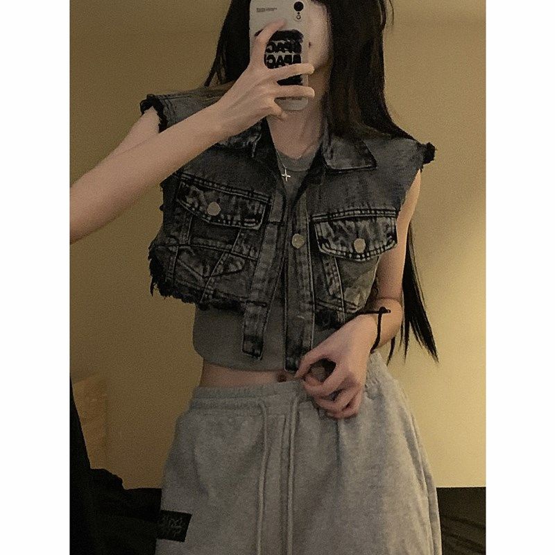 Jiashucheng Áo Khoác Denim Sát Nách Dáng Rộng Ngắn Sờn Kiểu Retro Mỹ Dễ Phối Đồ Thời Trang Mùa Xuân Cho Nữ