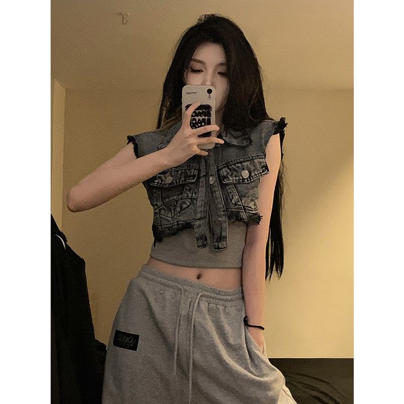 Jiashucheng Áo Khoác Denim Sát Nách Dáng Rộng Ngắn Sờn Kiểu Retro Mỹ Dễ Phối Đồ Thời Trang Mùa Xuân Cho Nữ