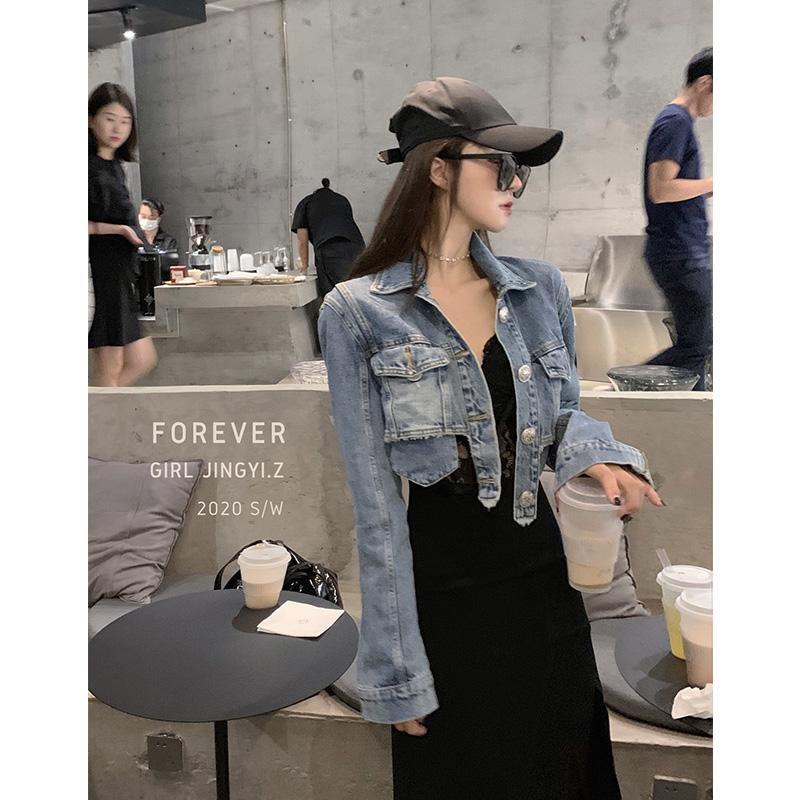 Jiashucheng Áo Khoác Denim Mỏng Dáng Ngắn Ôm Eo Cao Phong Cách Hàn Quốc Dễ Phối Đồ Xuân Thu Mới Cho Nữ