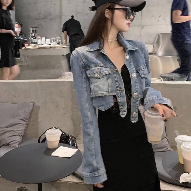 Jiashucheng Áo Khoác Denim Mỏng Dáng Ngắn Ôm Eo Cao Phong Cách Hàn Quốc Dễ Phối Đồ Xuân Thu Mới Cho Nữ
