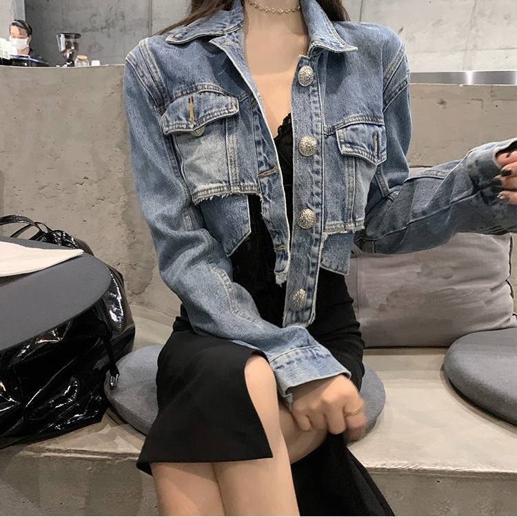 Jiashucheng Áo Khoác Denim Mỏng Dáng Ngắn Ôm Eo Cao Phong Cách Hàn Quốc Dễ Phối Đồ Xuân Thu Mới Cho Nữ